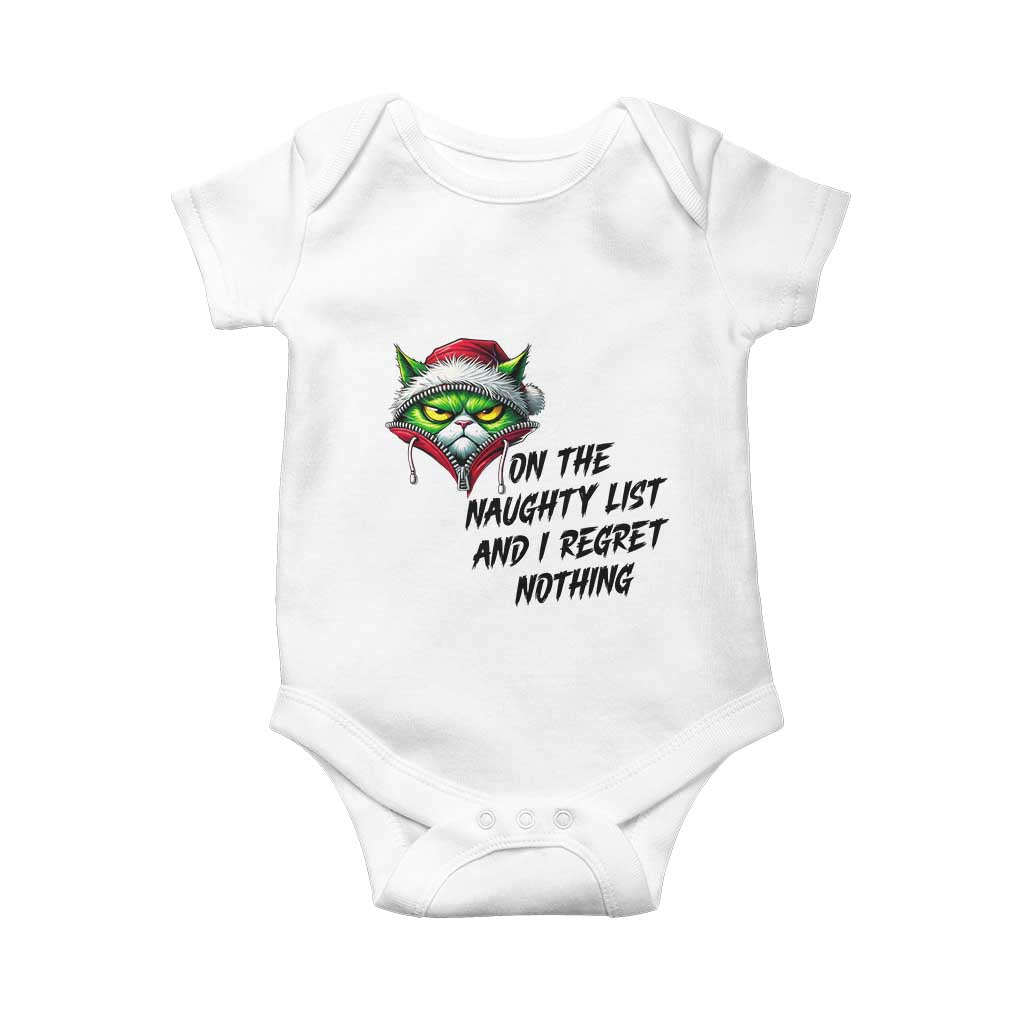 Funny Cat Green Christmas Baby Onesie On The Naughty List And I Regret Nothing TS14 White Print Your Wear