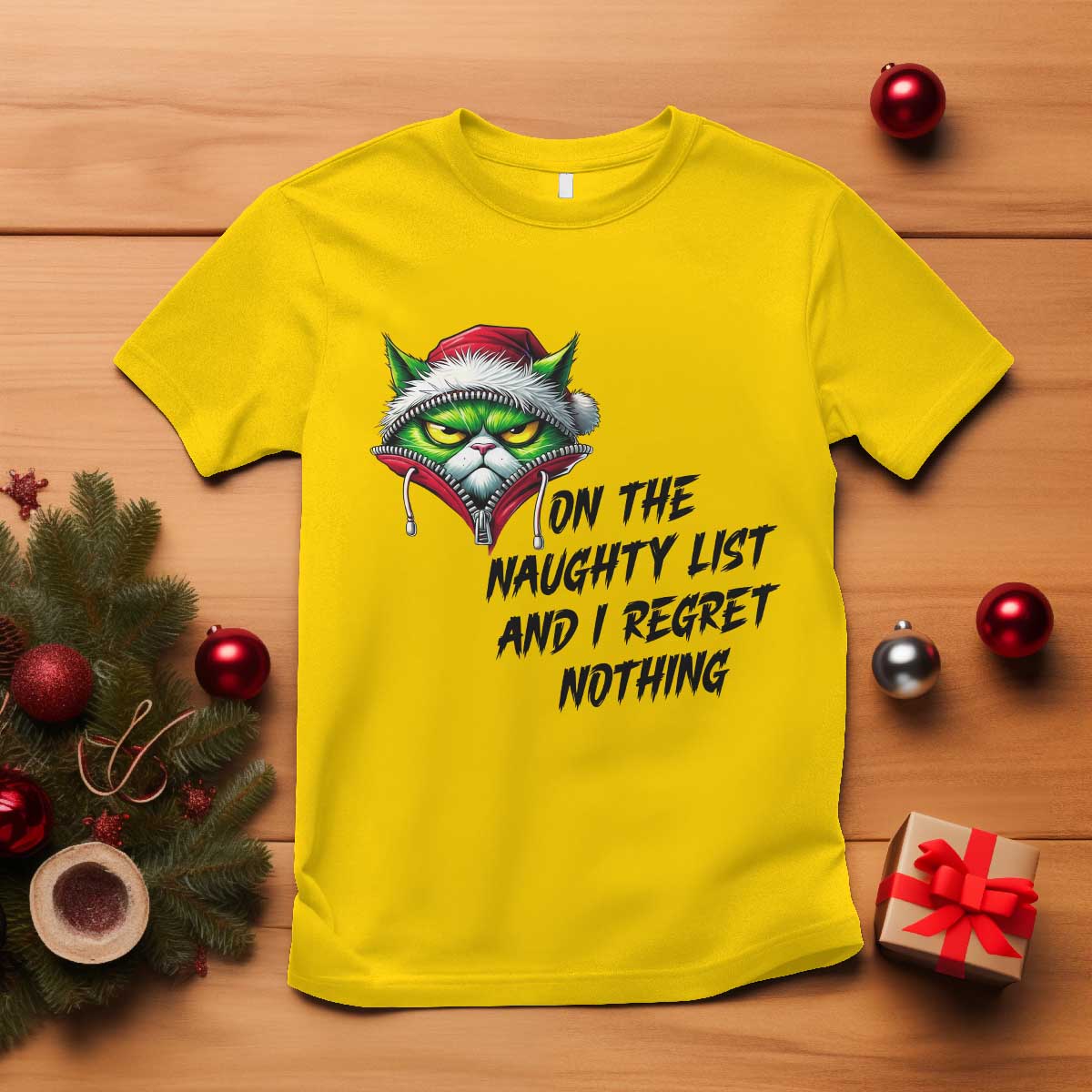 Funny Cat Green Christmas T Shirt On The Naughty List And I Regret Nothing TS14 Daisy Print Your Wear