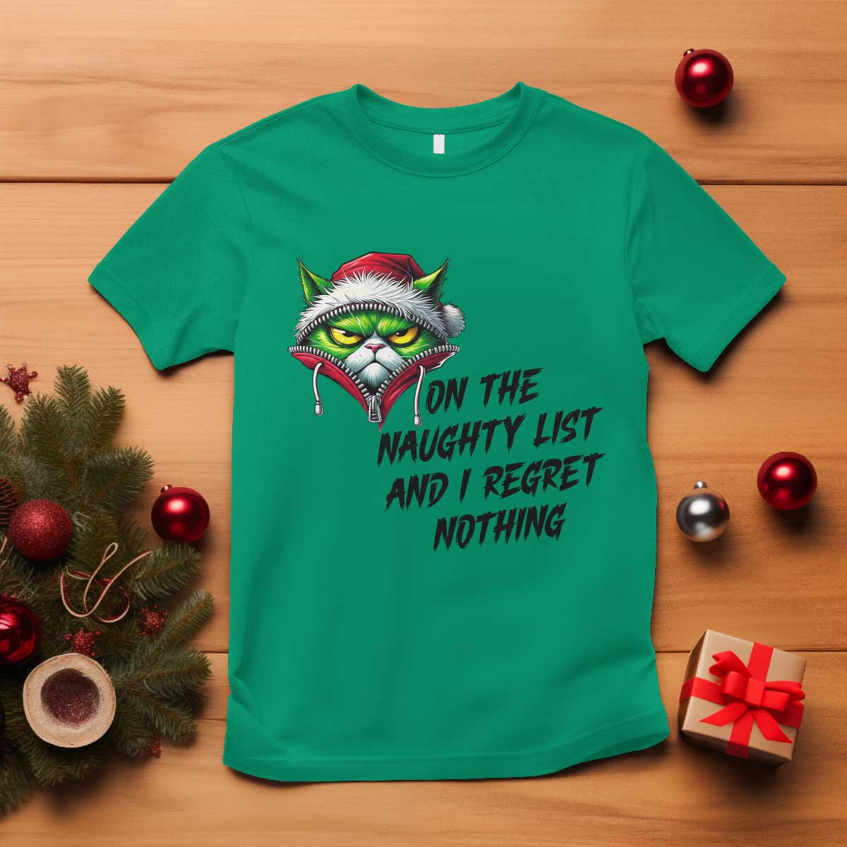 Funny Cat Green Christmas T Shirt On The Naughty List And I Regret Nothing TS14 Irish Green Print Your Wear