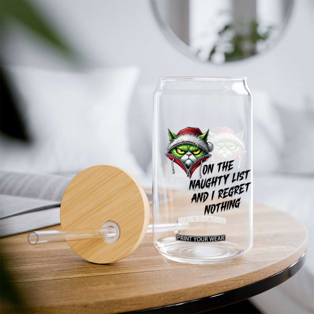 Funny Cat Green Christmas Glass Can On The Naughty List And I Regret Nothing TS14 Print Your Wear