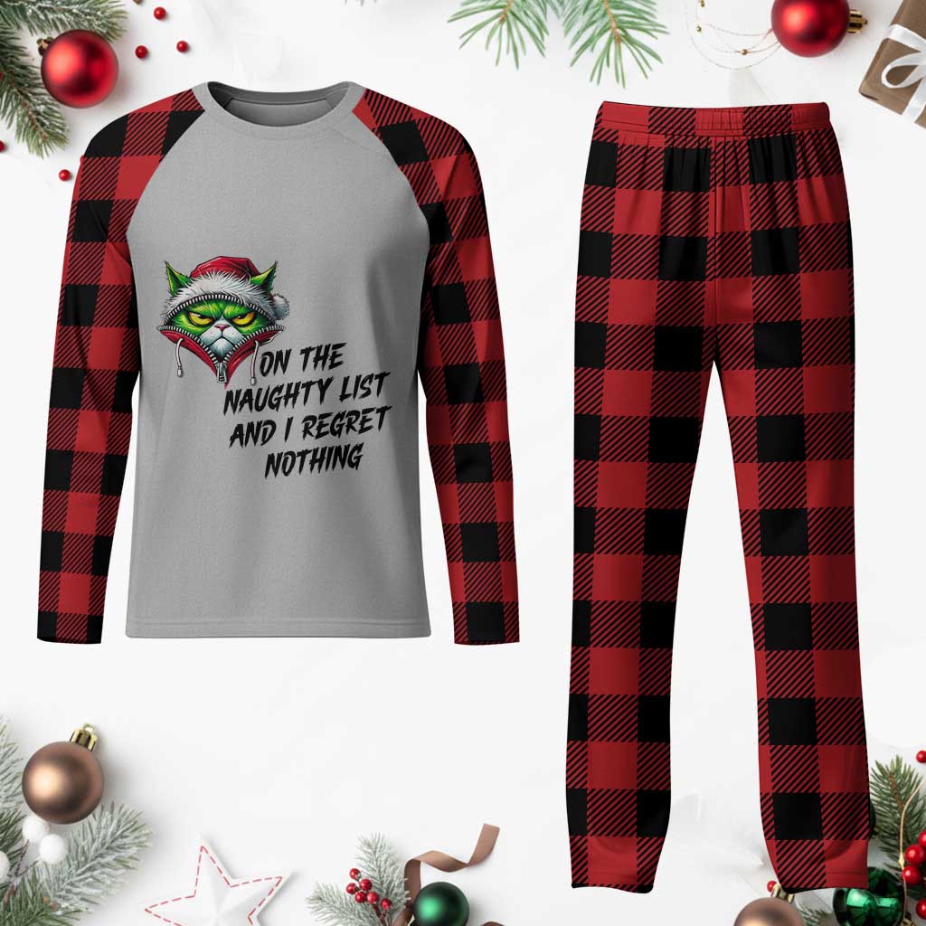 Funny Cat Green Christmas Plaid Pajama Set On The Naughty List And I Regret Nothing TS14 Buffalo Plaid Print Your Wear