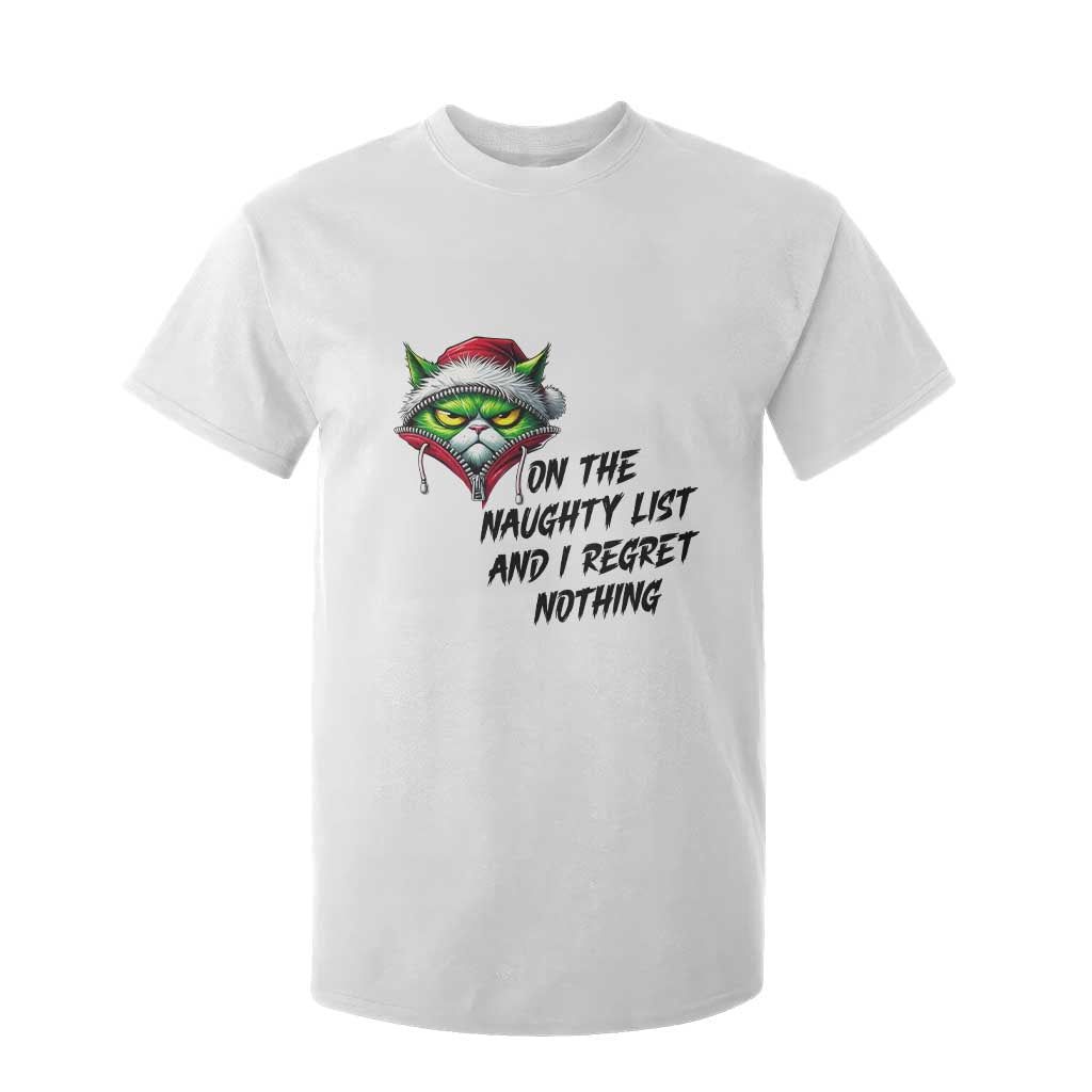 Funny Cat Green Christmas T Shirt For Kid On The Naughty List And I Regret Nothing TS14 White Print Your Wear