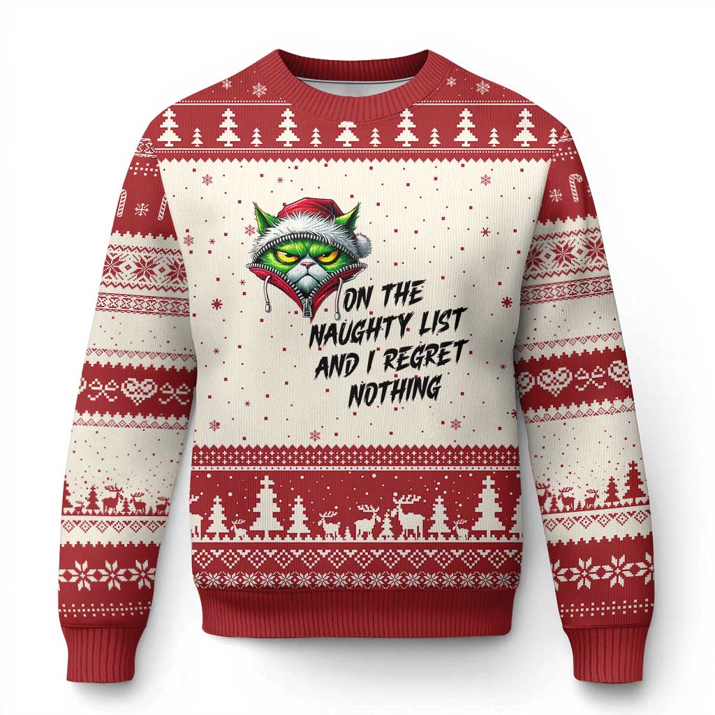Funny Cat Green Xmas Ugly Christmas Sweater On The Naughty List And I Regret Nothing TS14 Beige Red Print Your Wear