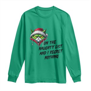 Funny Cat Green Christmas Long Sleeve Shirt On The Naughty List And I Regret Nothing TS14 Irish Green Print Your Wear