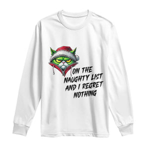 Funny Cat Green Christmas Long Sleeve Shirt On The Naughty List And I Regret Nothing TS14 White Print Your Wear