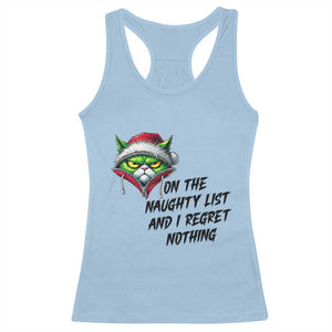 Funny Cat Green Christmas Racerback Tank Top On The Naughty List And I Regret Nothing TS14 Light Blue Print Your Wear