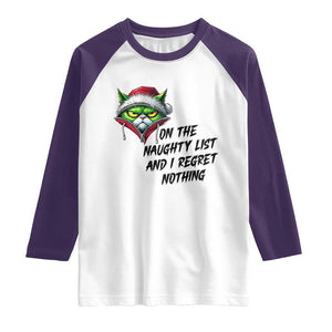 Funny Cat Green Christmas Raglan Shirt On The Naughty List And I Regret Nothing TS14 White Purple Print Your Wear