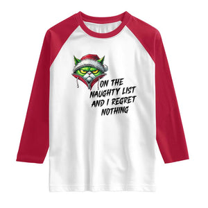 Funny Cat Green Christmas Raglan Shirt On The Naughty List And I Regret Nothing TS14 White Red Print Your Wear