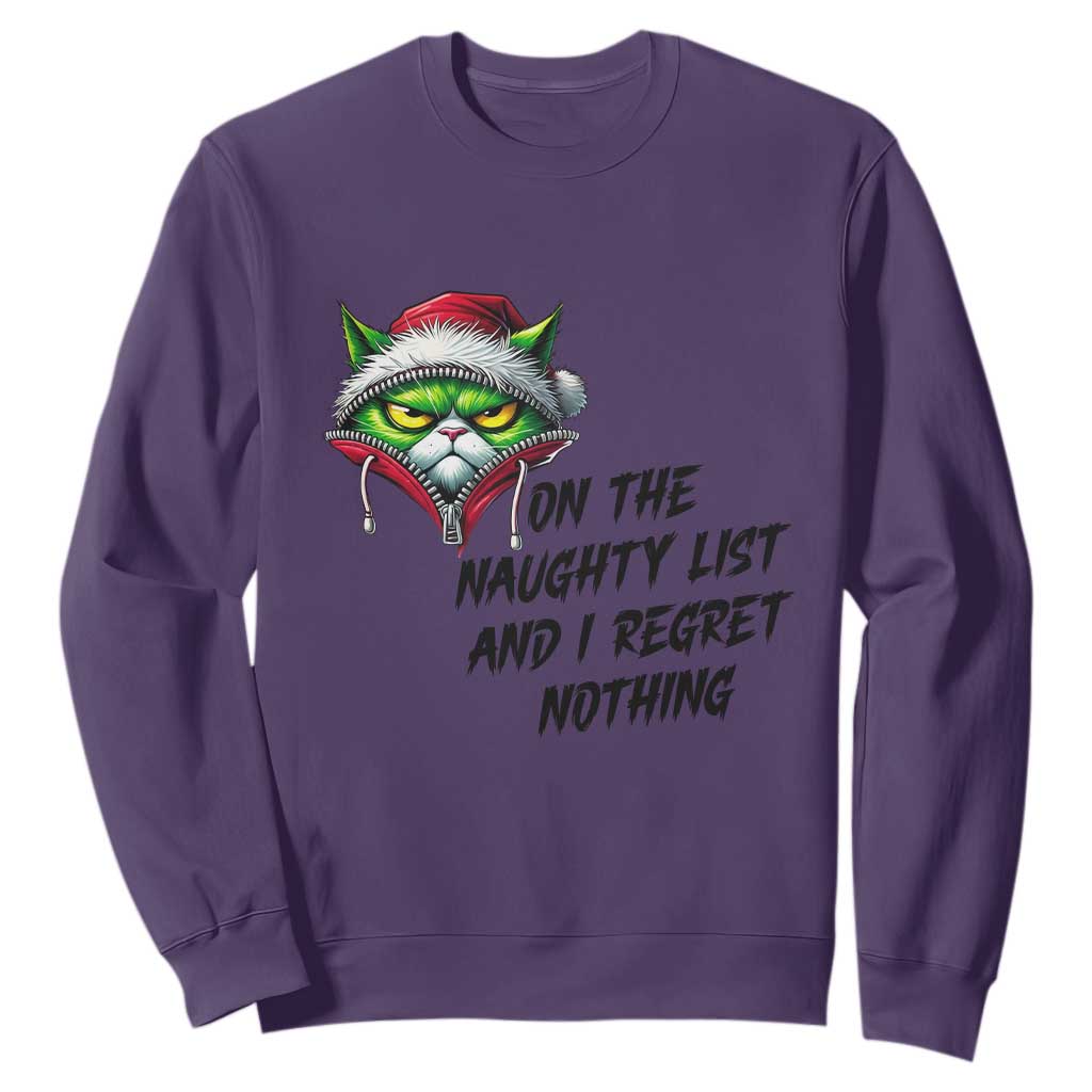 Funny Cat Green Christmas Sweatshirt On The Naughty List And I Regret Nothing TS14 Purple Print Your Wear