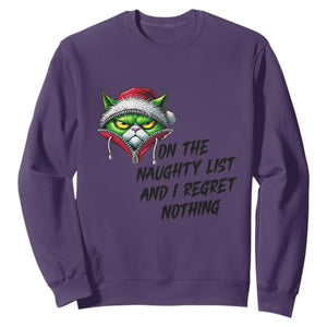 Funny Cat Green Christmas Sweatshirt On The Naughty List And I Regret Nothing TS14 Purple Print Your Wear