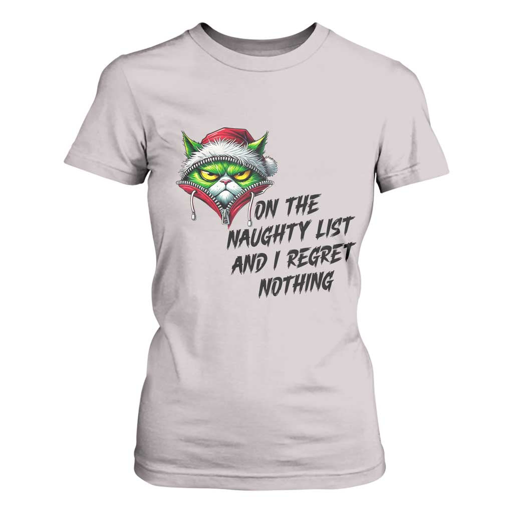 Funny Cat Green Christmas T Shirt For Women On The Naughty List And I Regret Nothing TS14 Ice Gray Print Your Wear