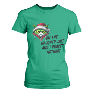 Funny Cat Green Christmas T Shirt For Women On The Naughty List And I Regret Nothing TS14 Irish Green Print Your Wear