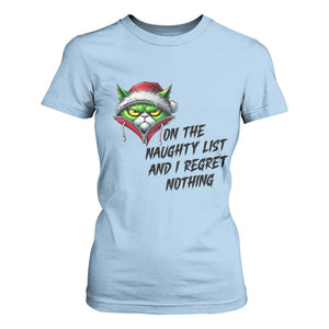 Funny Cat Green Christmas T Shirt For Women On The Naughty List And I Regret Nothing TS14 Light Blue Print Your Wear