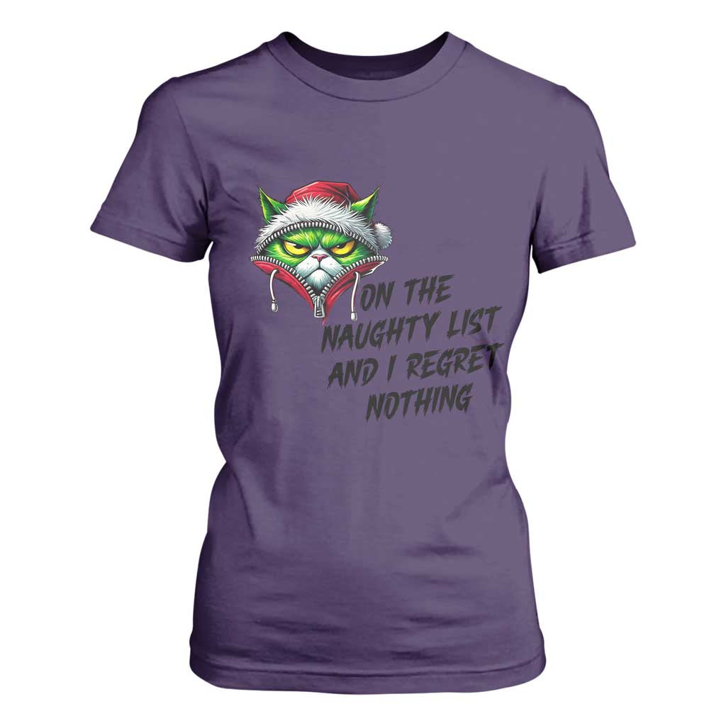 Funny Cat Green Christmas T Shirt For Women On The Naughty List And I Regret Nothing TS14 Purple Print Your Wear