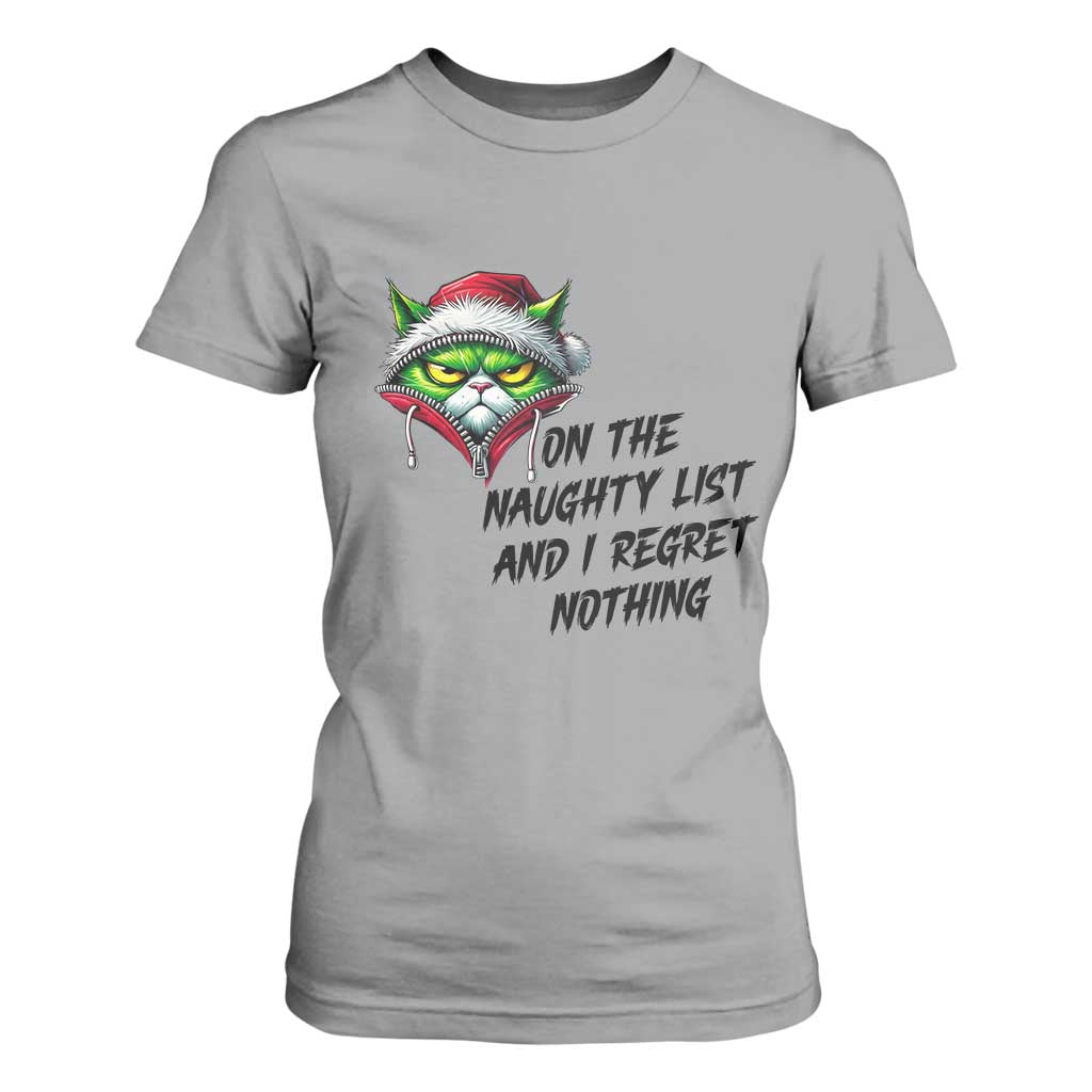 Funny Cat Green Christmas T Shirt For Women On The Naughty List And I Regret Nothing TS14 Sport Gray Print Your Wear