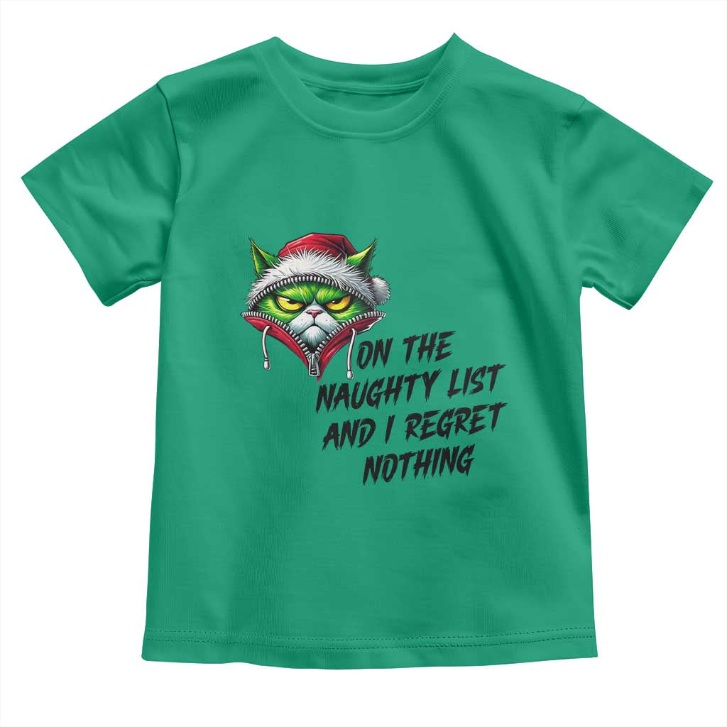 Funny Cat Green Christmas Toddler T Shirt On The Naughty List And I Regret Nothing TS14 Irish Green Print Your Wear