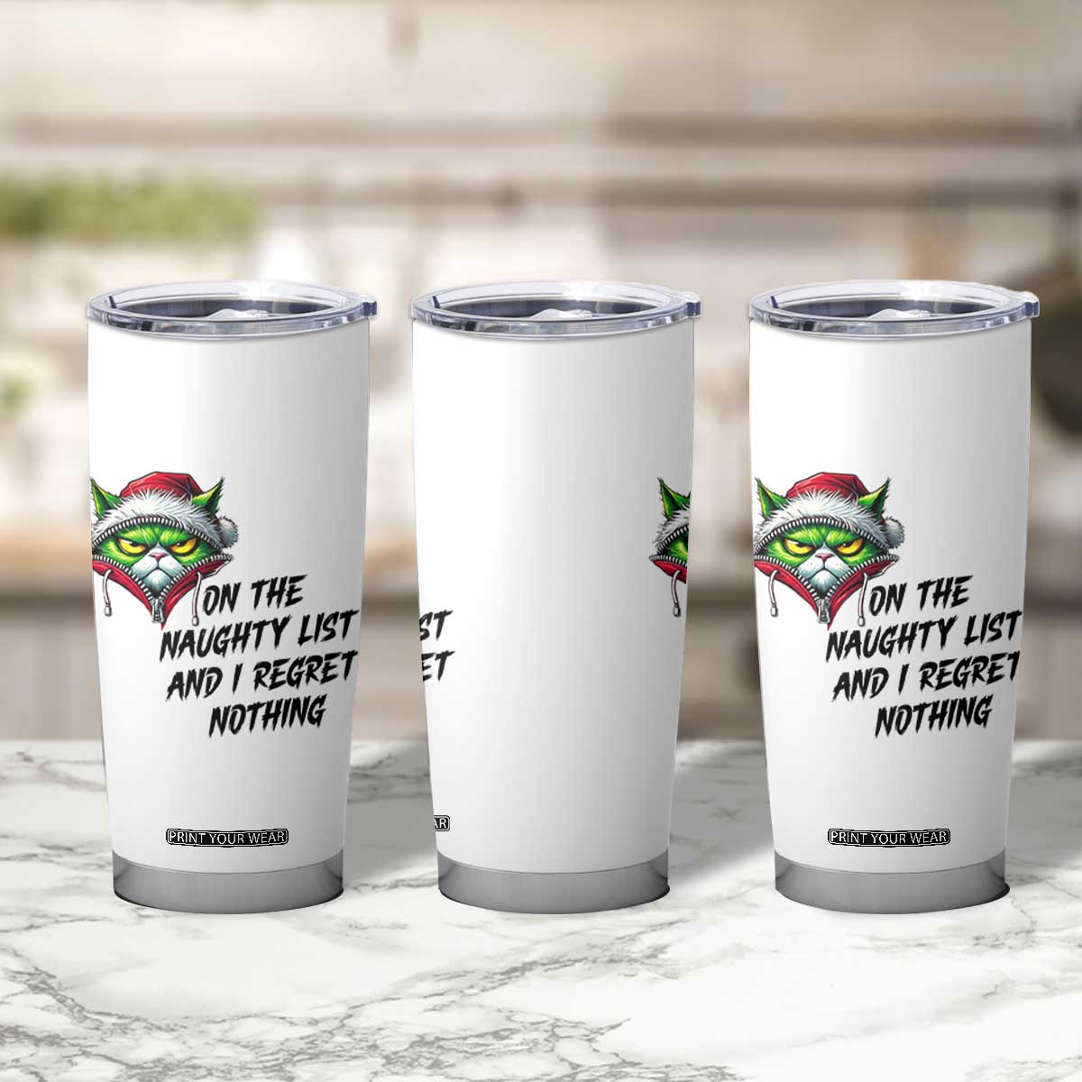 Funny Cat Green Christmas Tumbler Cup On The Naughty List And I Regret Nothing TS14 Print Your Wear