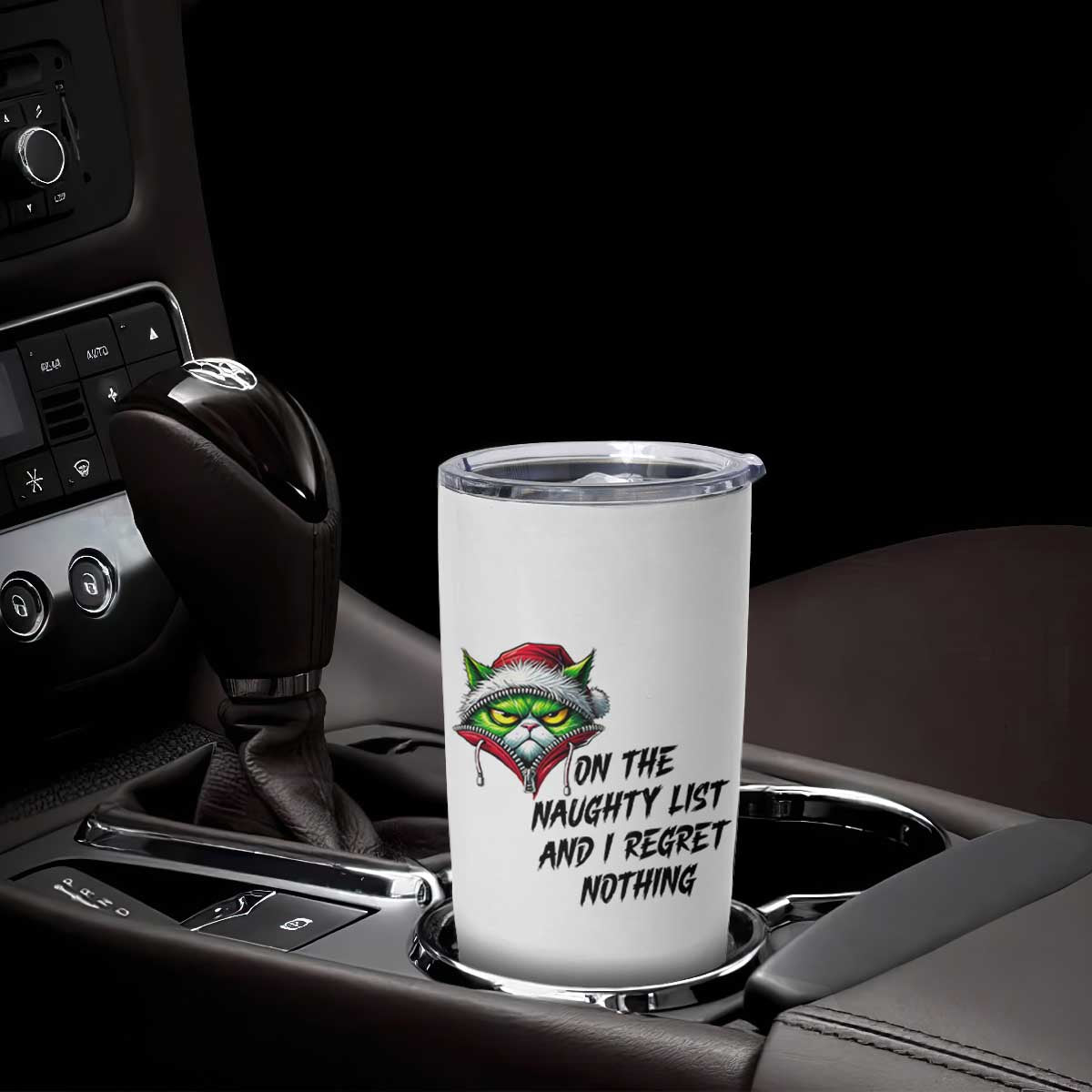 Funny Cat Green Christmas Tumbler Cup On The Naughty List And I Regret Nothing TS14 Print Your Wear