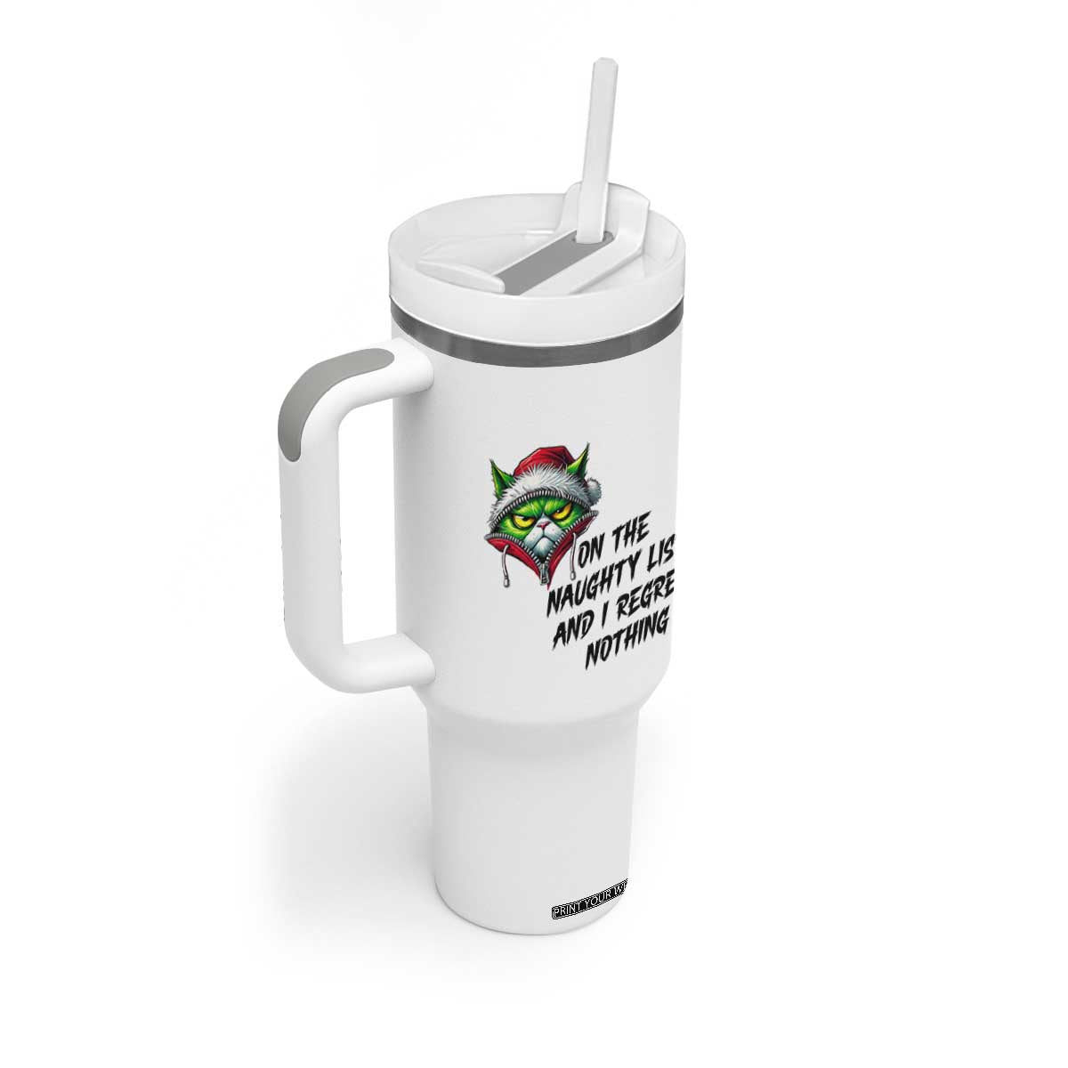 Funny Cat Green Christmas Tumbler With Handle On The Naughty List And I Regret Nothing TS14 Print Your Wear