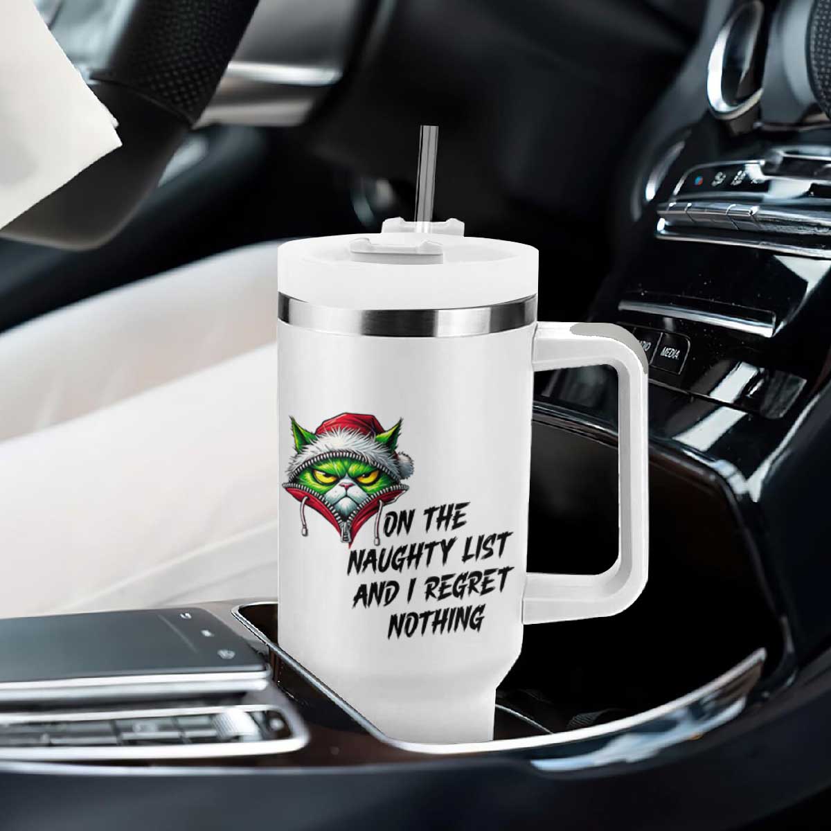 Funny Cat Green Christmas Tumbler With Handle On The Naughty List And I Regret Nothing TS14 Print Your Wear