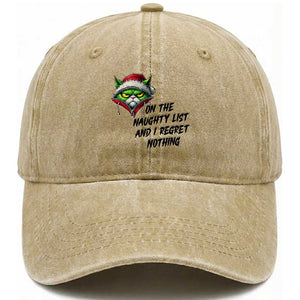 Funny Cat Green Christmas Washed Cotton Baseball Cap On The Naughty List And I Regret Nothing TS14 Washed Cap Universal Fit Khaki Print Your Wear