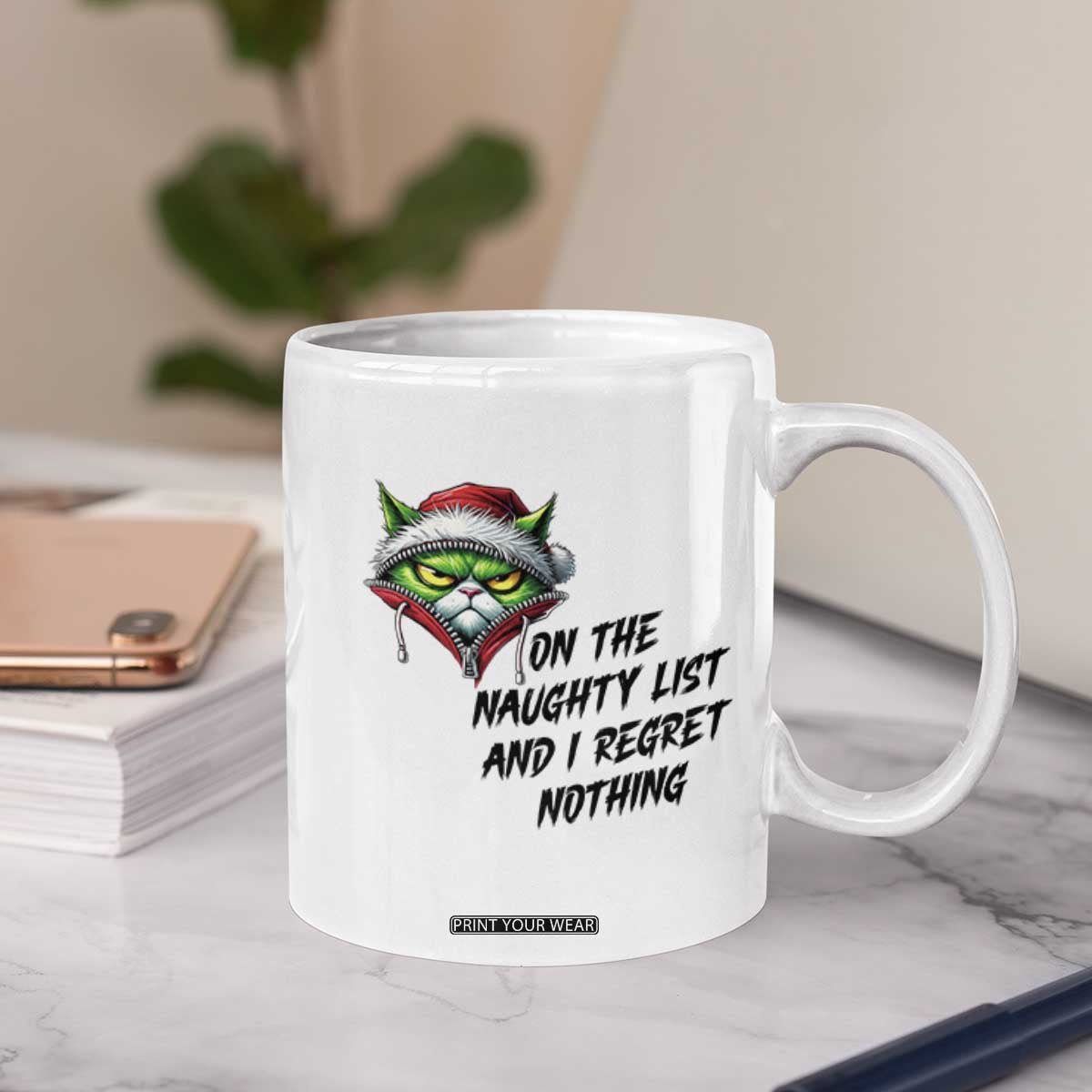 Funny Cat Green Christmas Coffee Mug On The Naughty List And I Regret Nothing TS14 Print Your Wear
