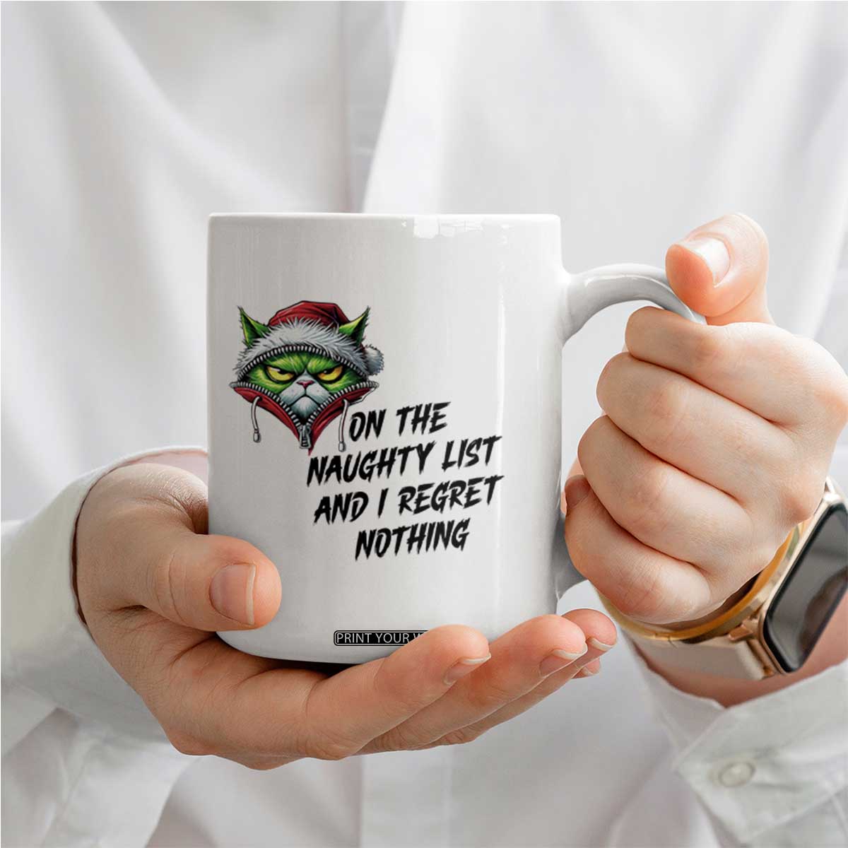 Funny Cat Green Christmas Coffee Mug On The Naughty List And I Regret Nothing TS14 Print Your Wear