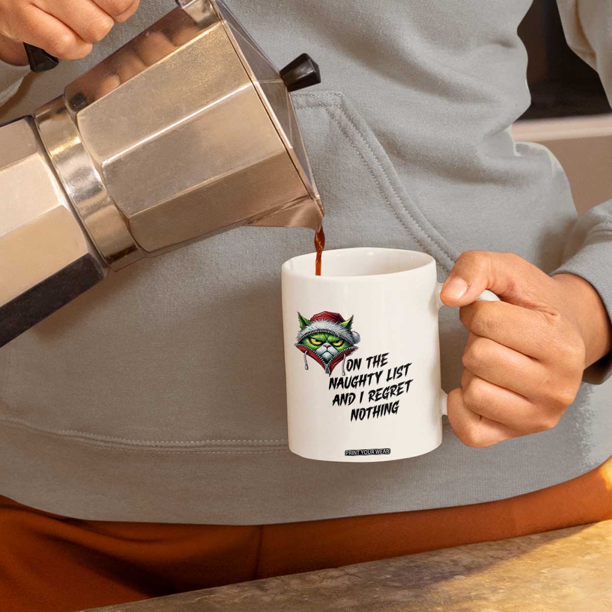 Funny Cat Green Christmas Coffee Mug On The Naughty List And I Regret Nothing TS14 Print Your Wear