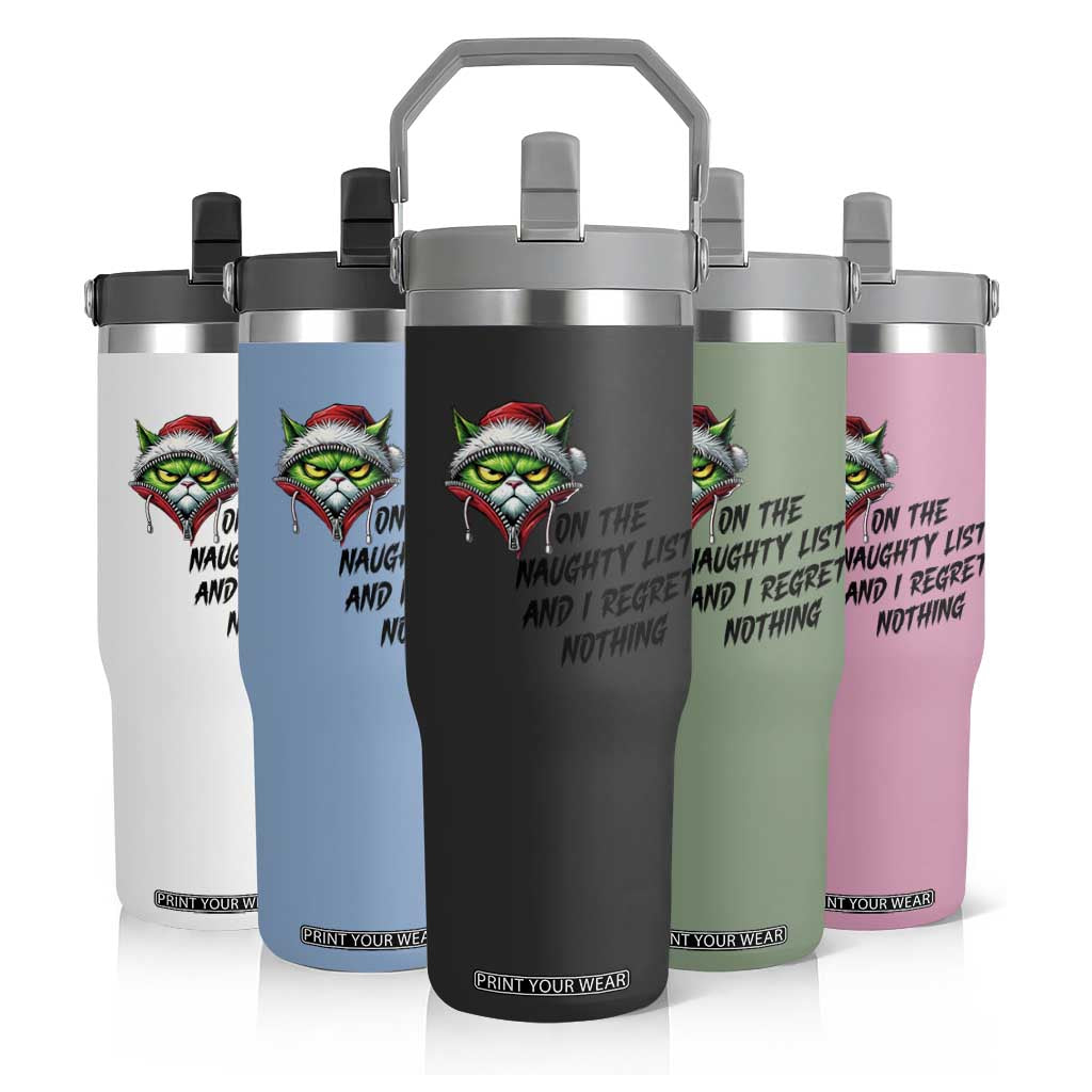 Funny Cat Green Christmas Flip Straw Tumbler On The Naughty List And I Regret Nothing TS14 Print Your Wear