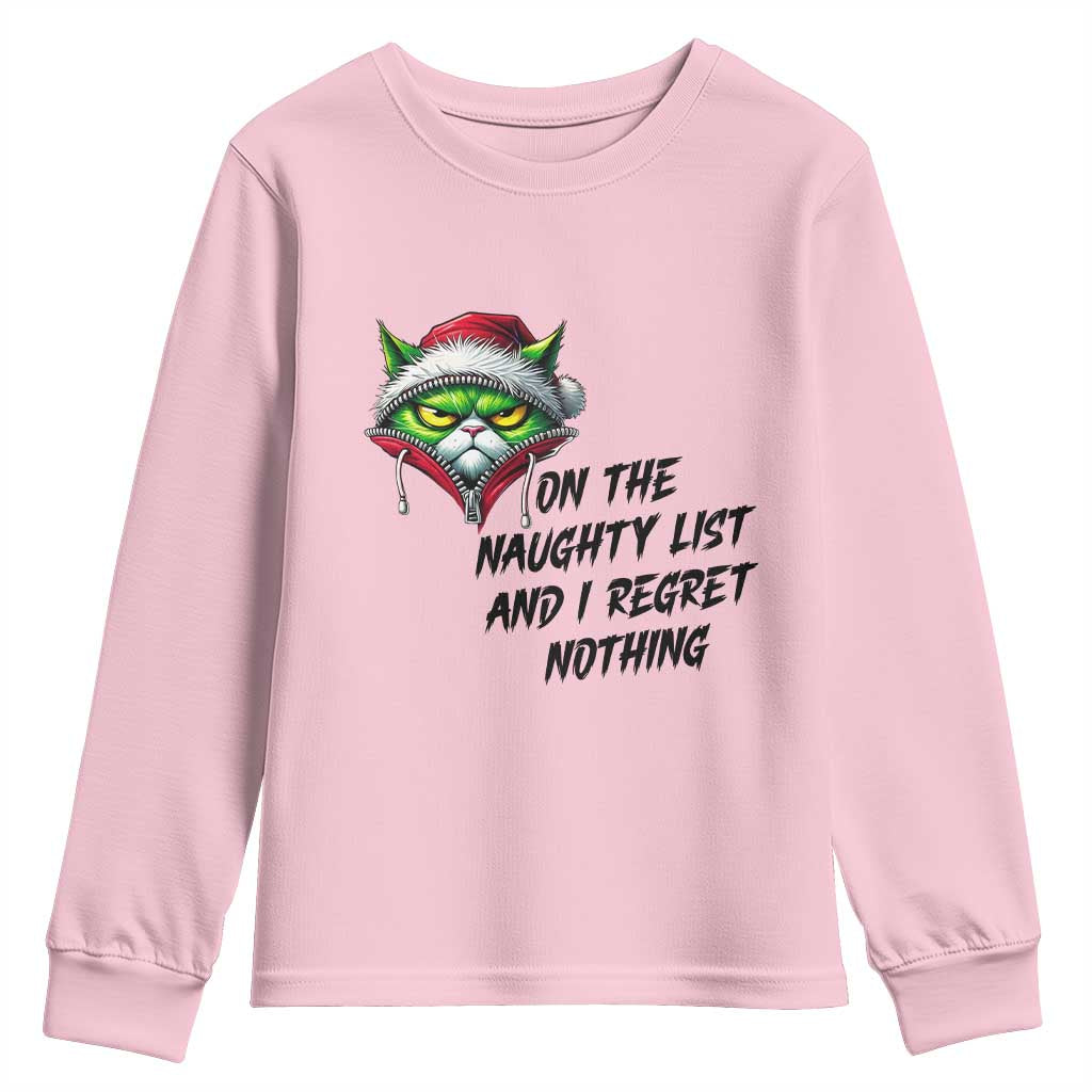 Funny Cat Green Christmas Youth Sweatshirt On The Naughty List And I Regret Nothing TS14 Light Pink Print Your Wear