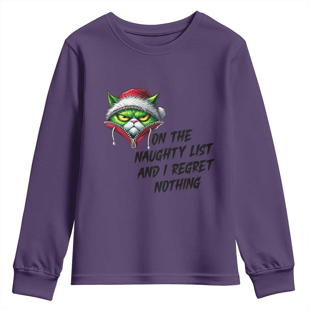 Funny Cat Green Christmas Youth Sweatshirt On The Naughty List And I Regret Nothing TS14 Purple Print Your Wear