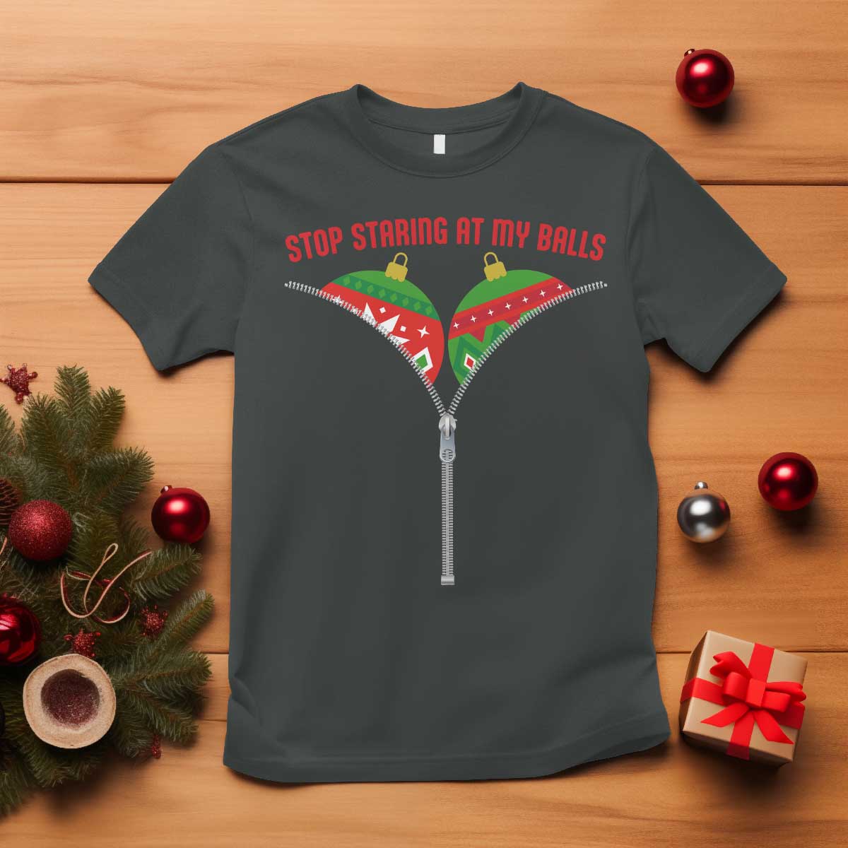 Funny Dirty Christmas T Shirt Stop Staring At My Balls TS14 Dark Heather Print Your Wear