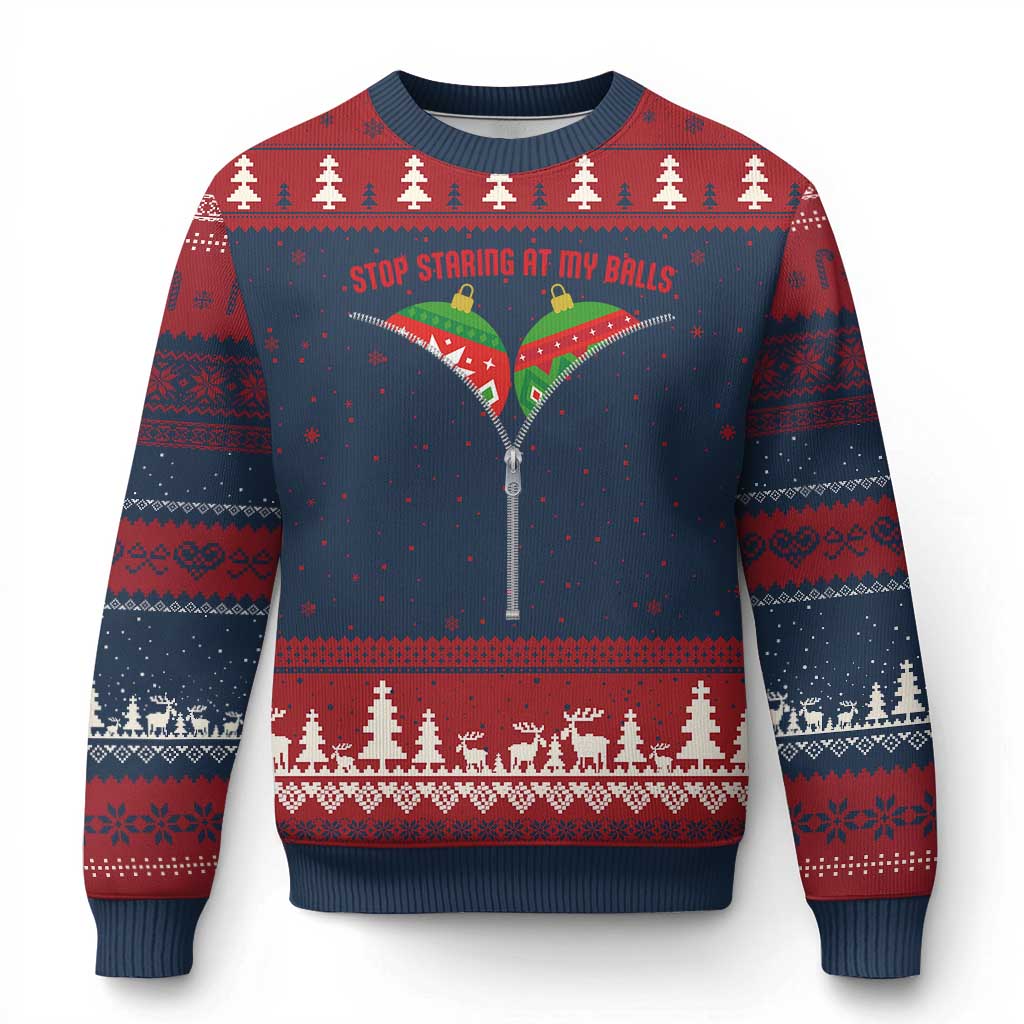 Funny Dirty Xmas Ugly Christmas Sweater Stop Staring At My Balls TS14 Navy Red Print Your Wear