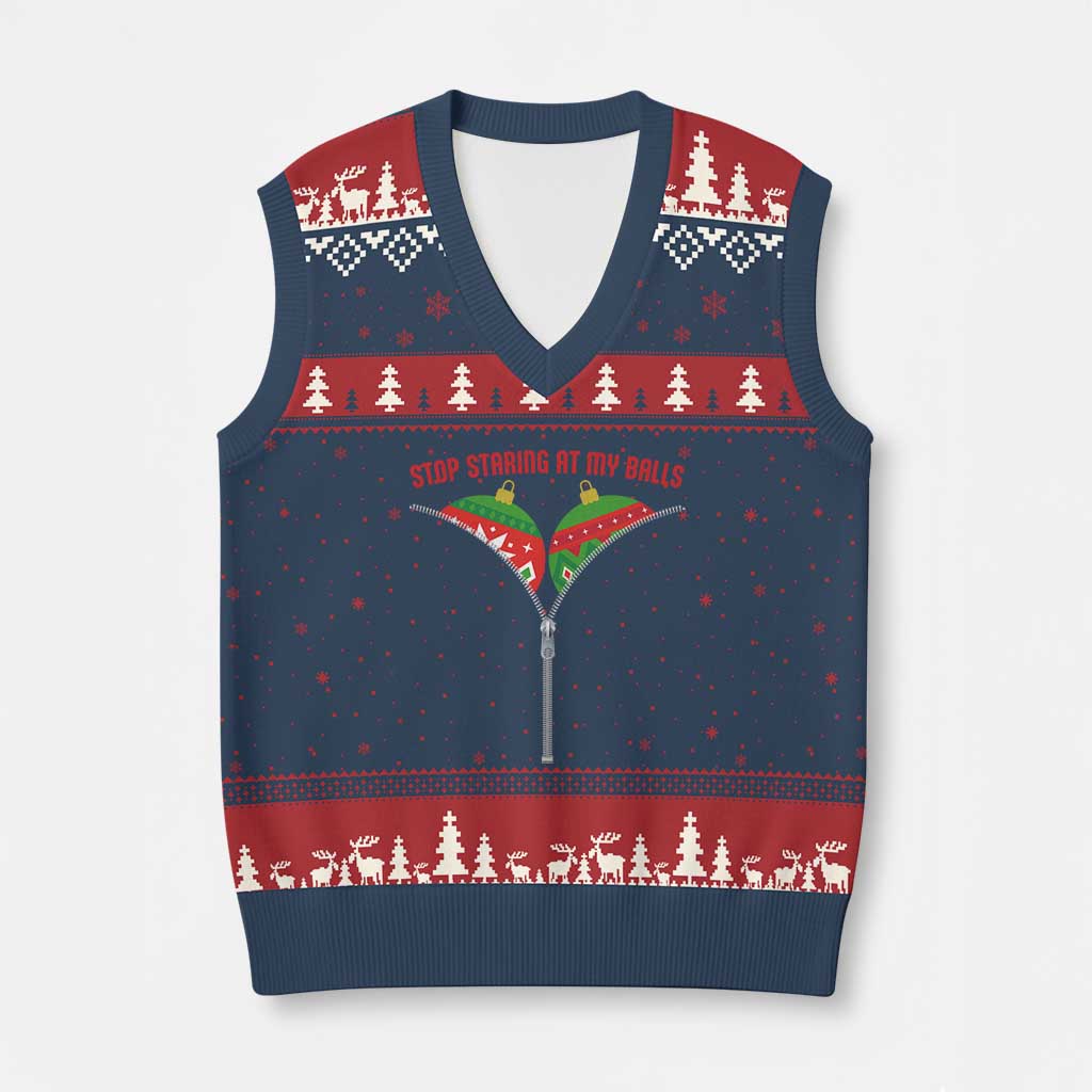 Funny Dirty Xmas V-Neck Knit Sweater Vest Stop Staring At My Balls TS14 Navy Red Print Your Wear