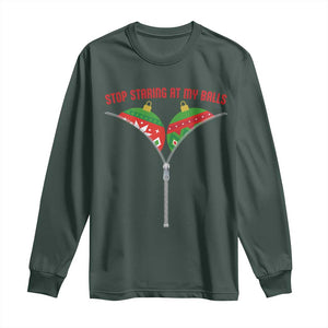 Funny Dirty Christmas Long Sleeve Shirt Stop Staring At My Balls TS14 Dark Forest Green Print Your Wear