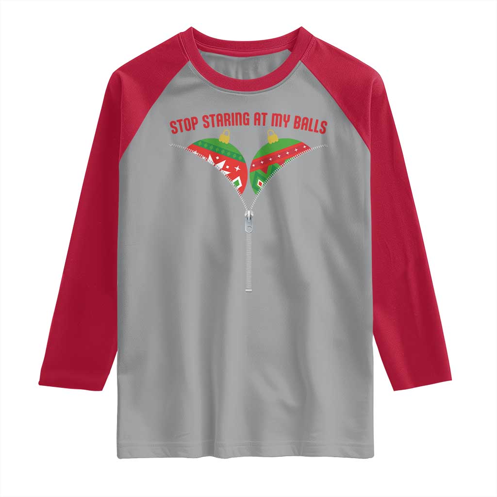 Funny Dirty Christmas Raglan Shirt Stop Staring At My Balls TS14 Sport Gray Red Print Your Wear