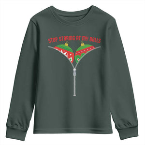 Funny Dirty Christmas Youth Sweatshirt Stop Staring At My Balls TS14 Dark Forest Green Print Your Wear