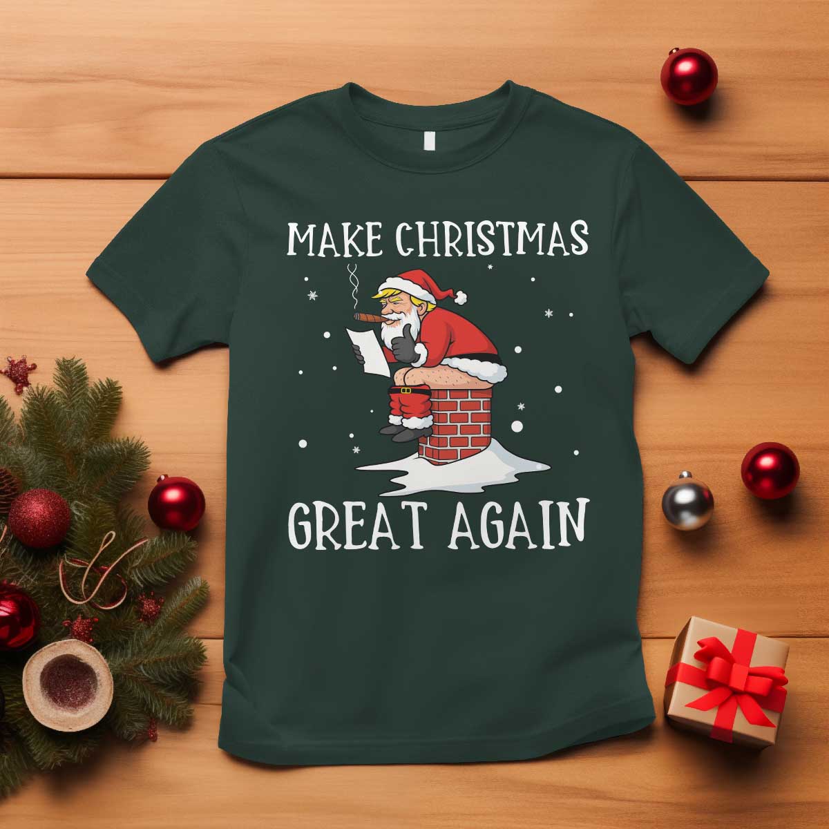 Funny Santa Trump T Shirt Make Christmas Great Again TS14 Dark Forest Green Print Your Wear