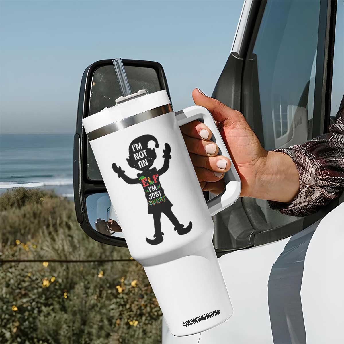 Funny Christmas Matching Family Tumbler With Handle I Am Not An Elf Im Just Short TS14 Print Your Wear