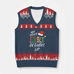 Funny Xmas Matching Family V-Neck Knit Sweater Vest Most Likely To Fart On Santa Lap TS14 Navy Red Print Your Wear