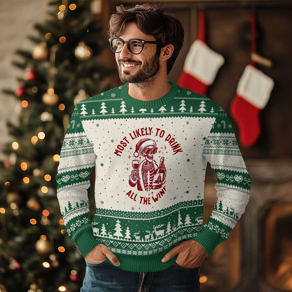 Funny Skeleton Xmas Ugly Christmas Sweater Most Likely To Drink All The Wine TS14 Beige Green Print Your Wear