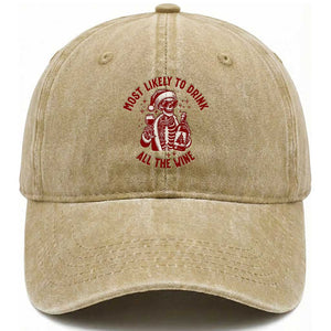 Funny Skeleton Christmas Washed Cotton Baseball Cap Most Likely To Drink All The Wine TS14 Washed Cap Universal Fit Khaki Print Your Wear