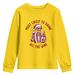 Funny Skeleton Christmas Youth Sweatshirt Most Likely To Drink All The Wine TS14 Daisy Print Your Wear