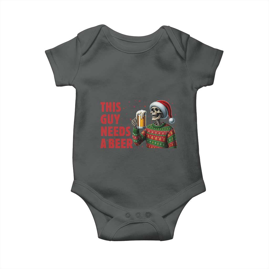 Funny Skeleton Beer Christmas Baby Onesie This Guy Needs A Beer TS14 Dark Heather Print Your Wear