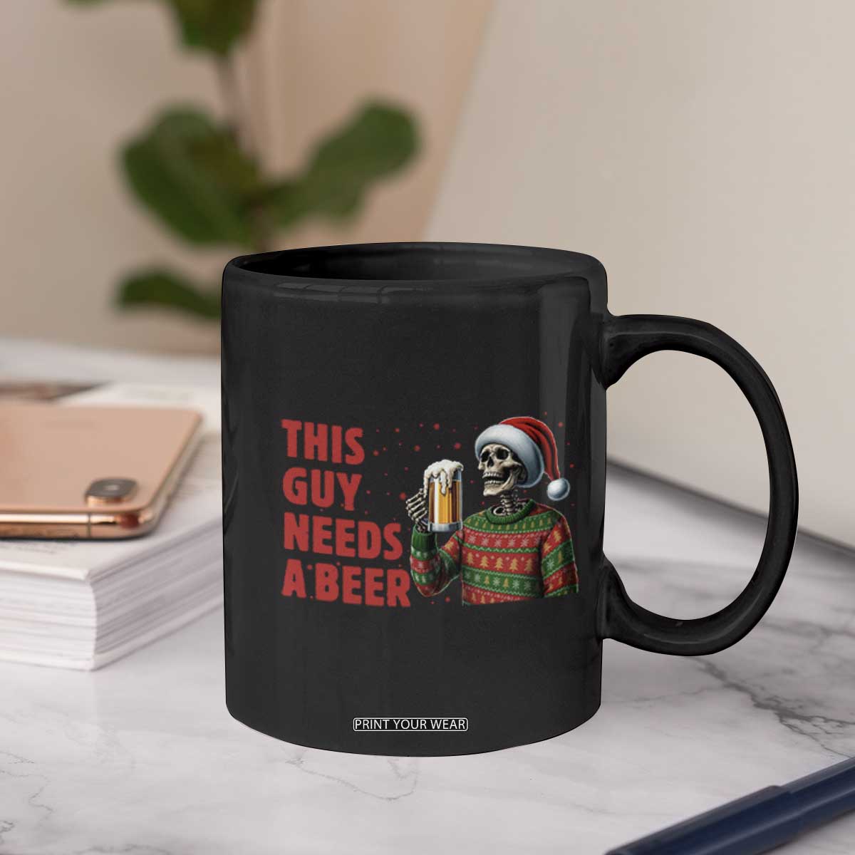 Funny Skeleton Beer Christmas Coffee Mug This Guy Needs A Beer TS14 Print Your Wear