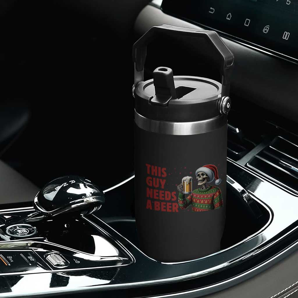 Funny Skeleton Beer Christmas Flip Straw Tumbler This Guy Needs A Beer TS14 Print Your Wear