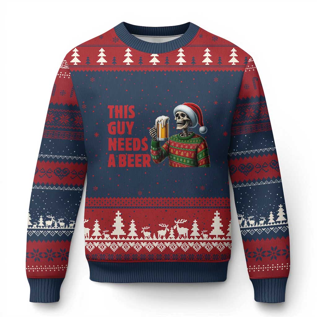 Funny Skeleton Beer Xmas Ugly Christmas Sweater This Guy Needs A Beer TS14 Navy Red Print Your Wear