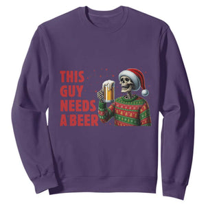 Funny Skeleton Beer Christmas Sweatshirt This Guy Needs A Beer TS14 Purple Print Your Wear