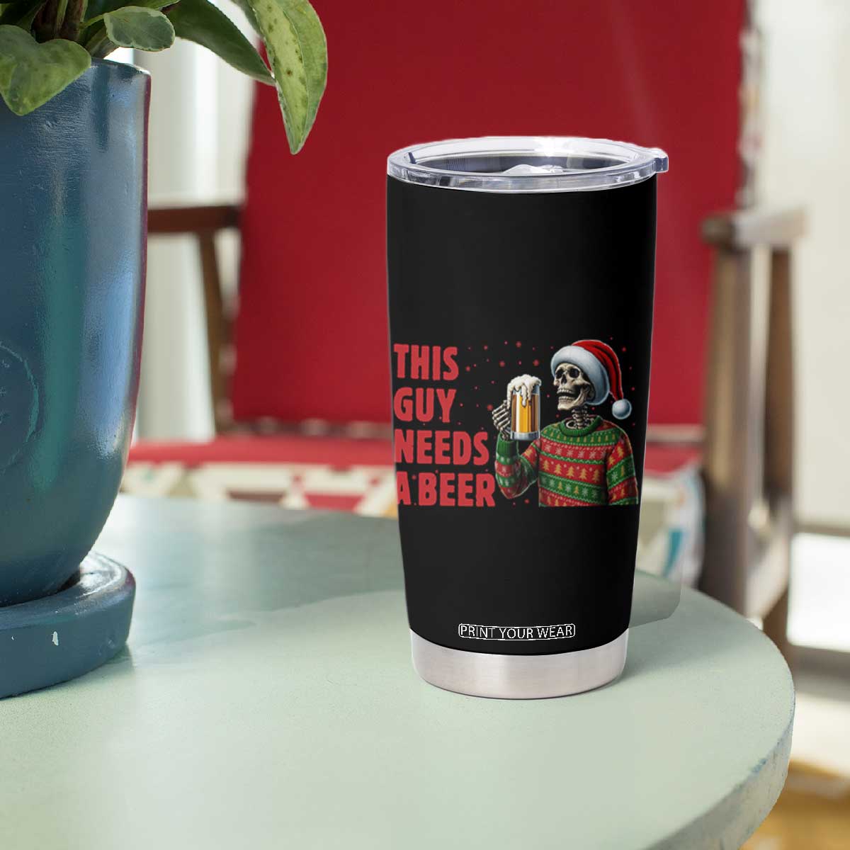 Funny Skeleton Beer Christmas Tumbler Cup This Guy Needs A Beer TS14 Print Your Wear