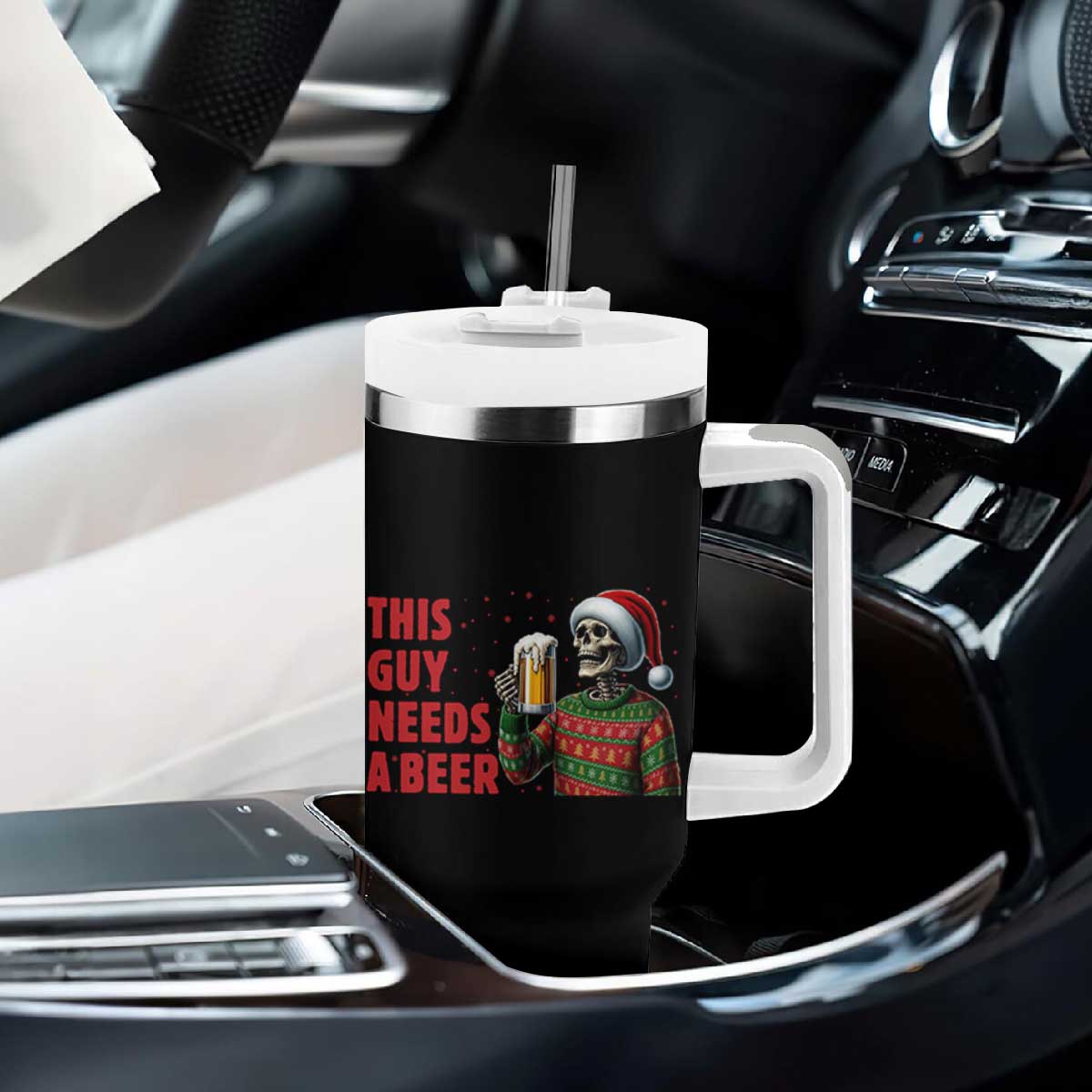 Funny Skeleton Beer Christmas Tumbler With Handle This Guy Needs A Beer TS14 Print Your Wear